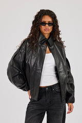 PU Funnel Neck Zip Through Jacket - Black