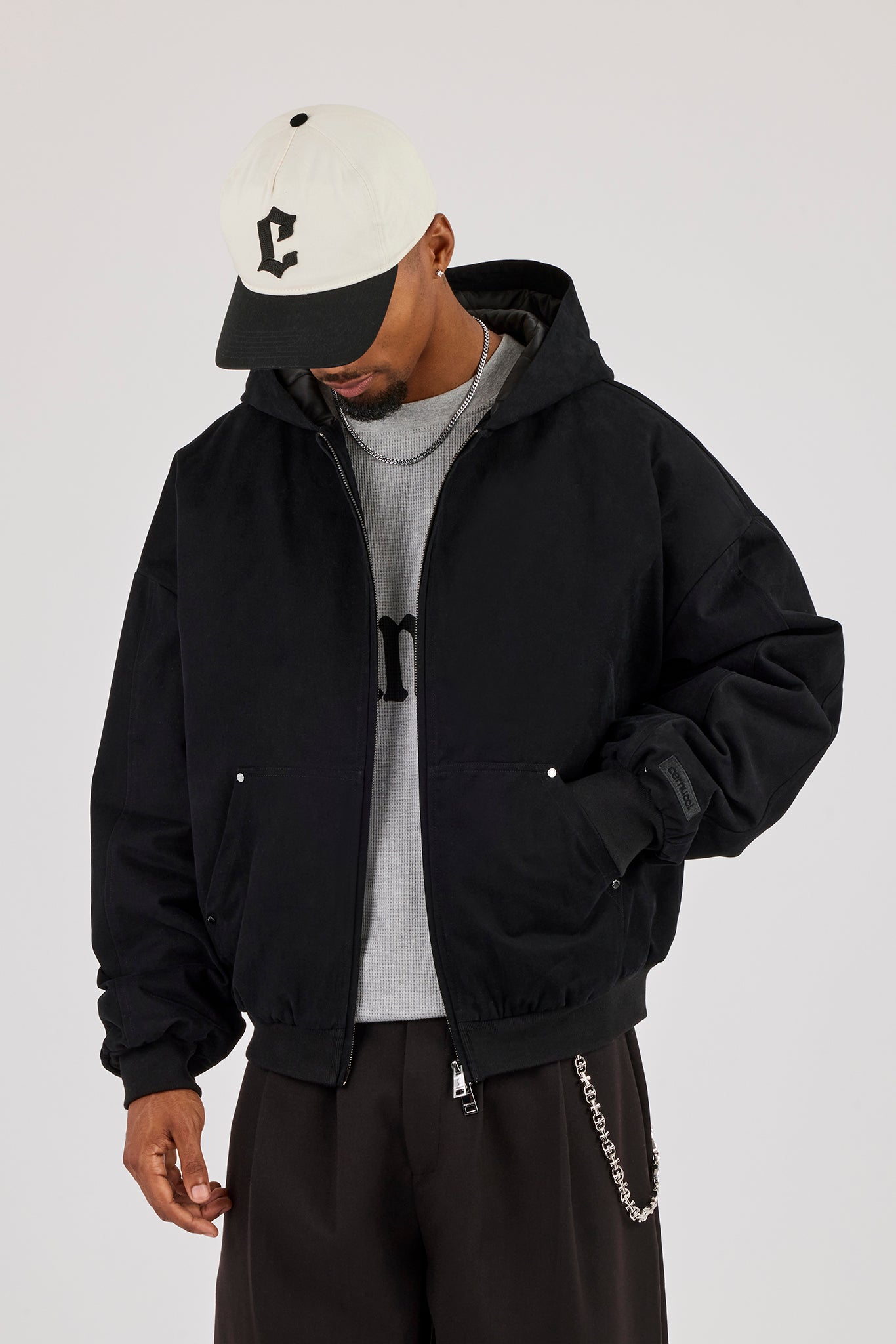 Twill Padded Zip Hooded Jacket - Black