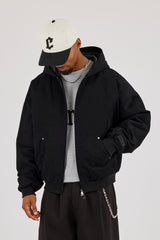 Twill Padded Zip Hooded Jacket - Black