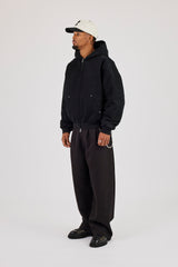 Twill Padded Zip Hooded Jacket - Black