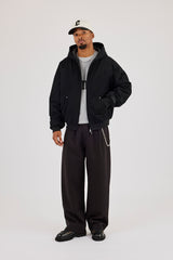 Twill Padded Zip Hooded Jacket - Black