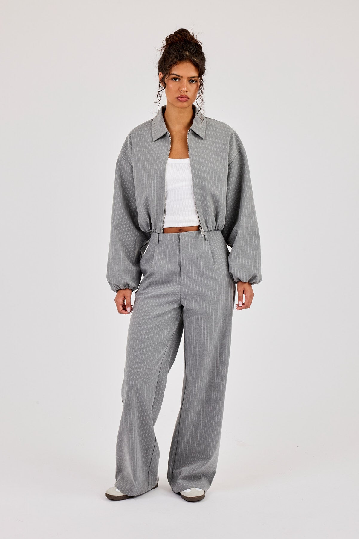 Pinstripe Wide Leg Trouser - Grey