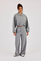Pinstripe Collared Bomber Jacket & Wide Leg Trouser - Grey