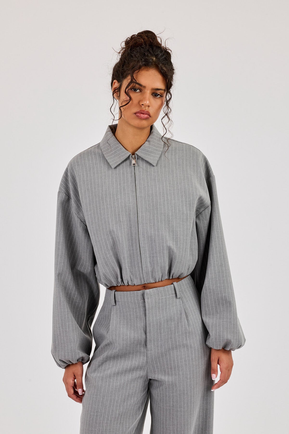 Pinstripe Collared Bomber Jacket - Grey