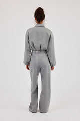Pinstripe Collared Bomber Jacket & Wide Leg Trouser - Grey