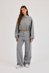 Pinstripe Collared Bomber Jacket & Wide Leg Trouser - Grey