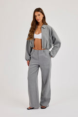 Pinstripe Collared Bomber Jacket & Wide Leg Trouser - Grey