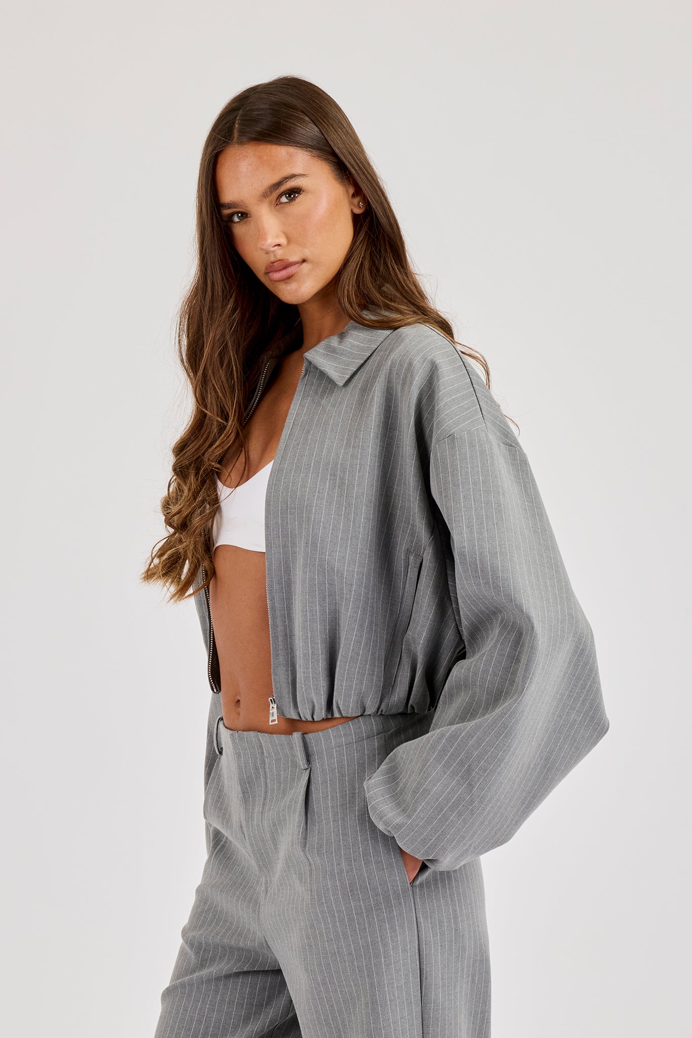 Pinstripe Collared Bomber Jacket - Grey
