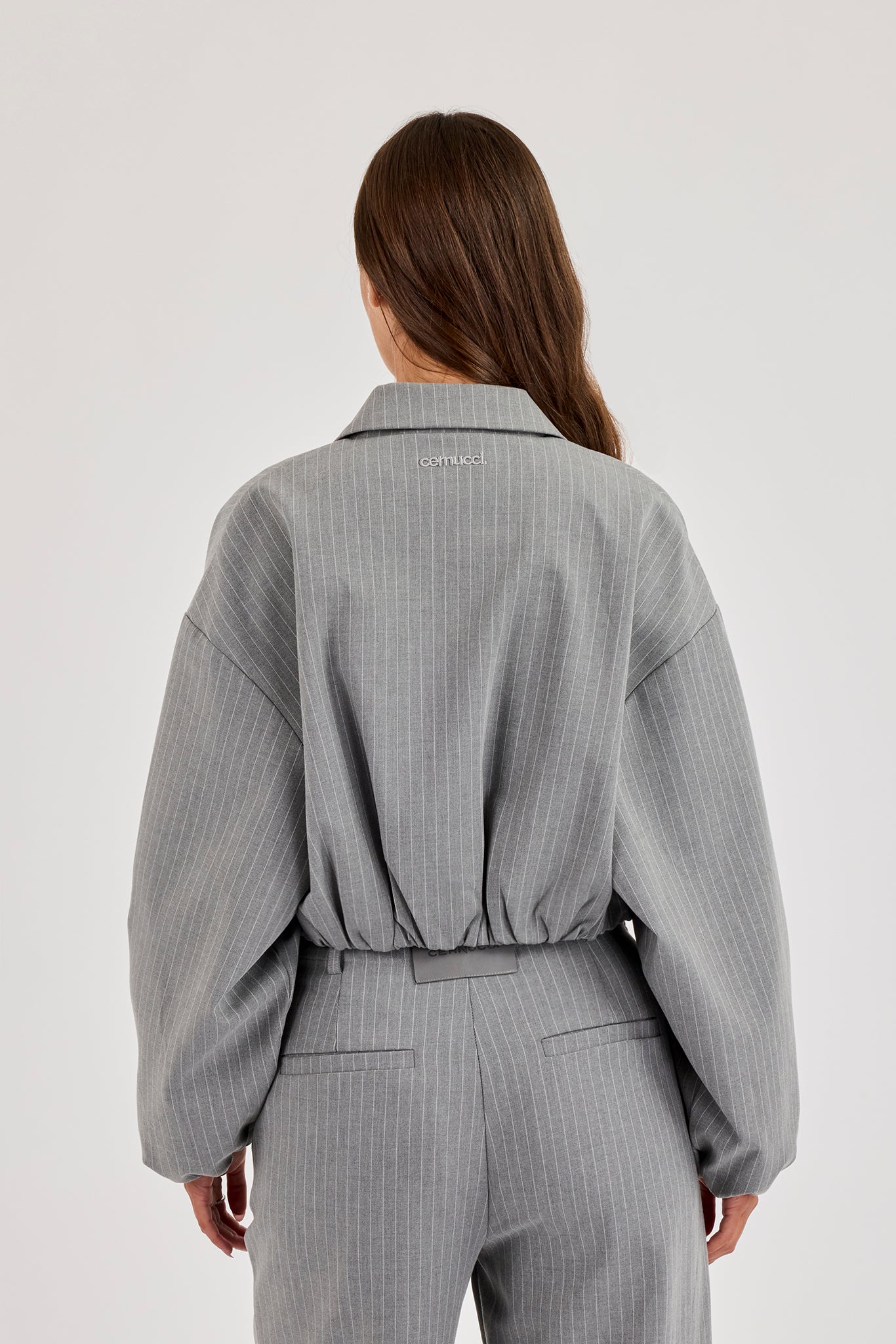 Pinstripe Collared Bomber Jacket - Grey