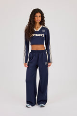 Football Embroidered Wide Leg Taping Pant - Navy Blue