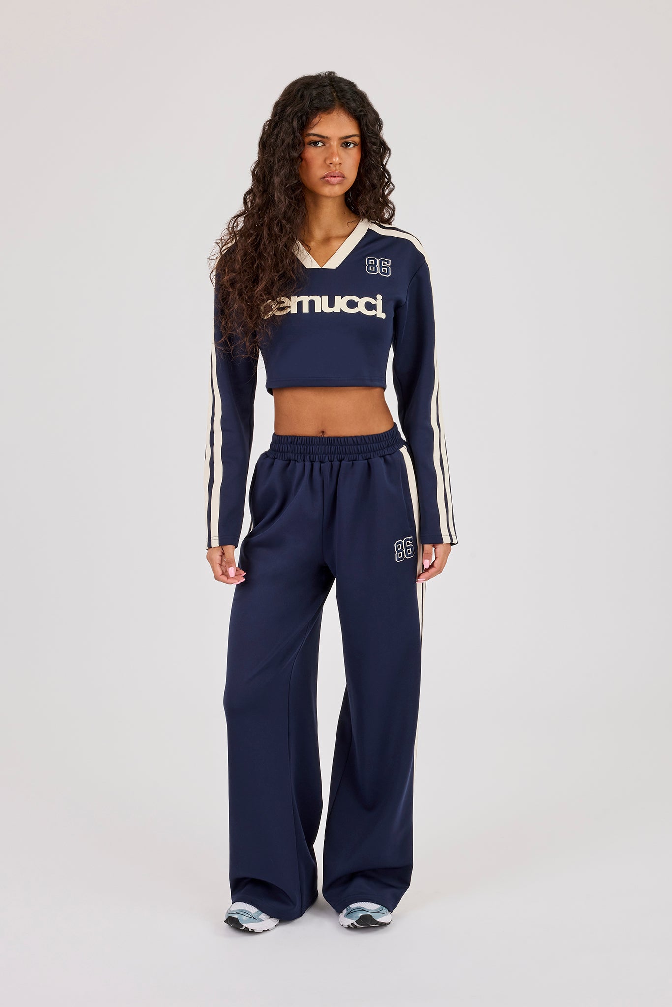 Fitted Taping Football Top & Embroidered Wide Leg Taping Pant - Navy Blue