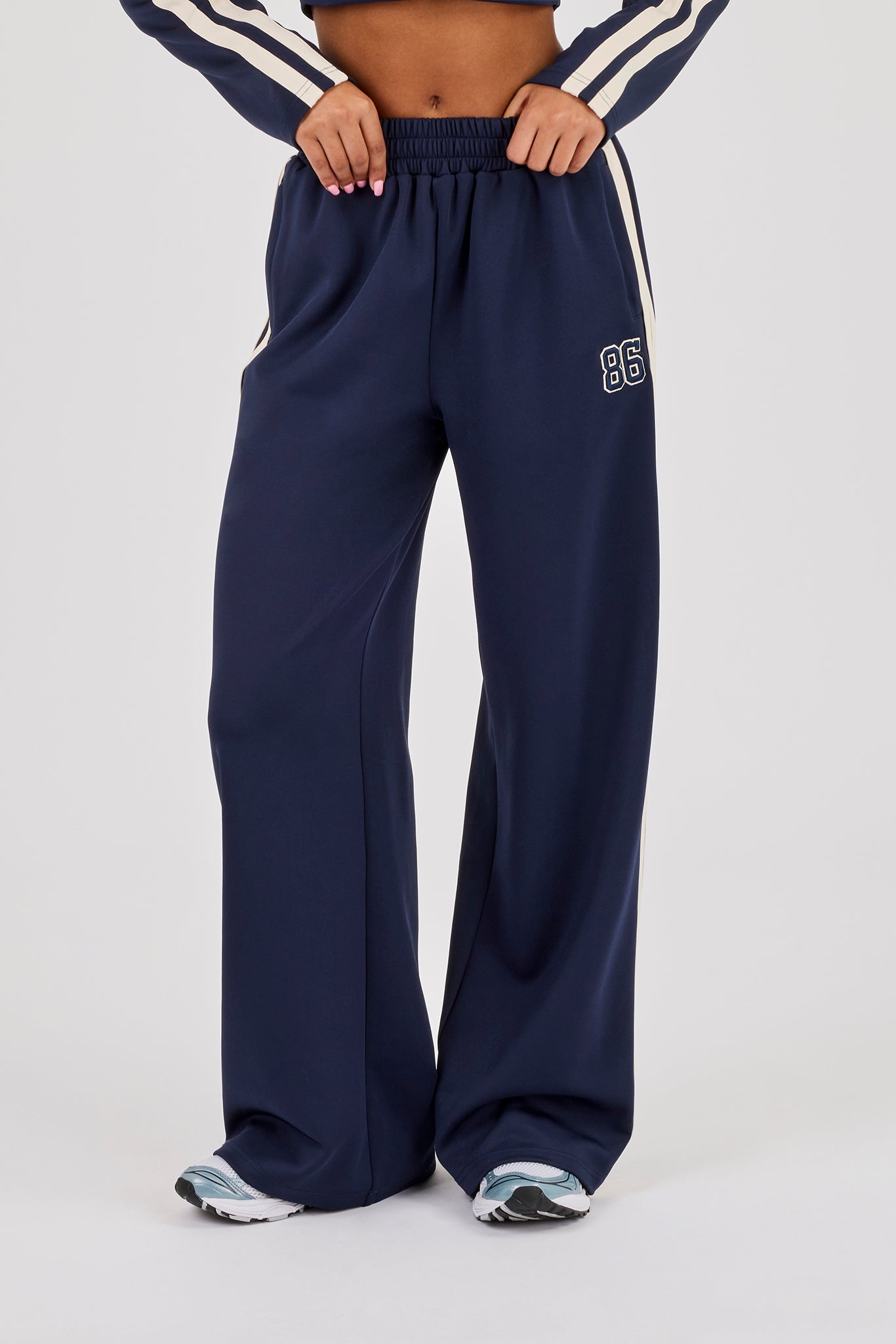Football Embroidered Wide Leg Taping Pant - Navy Blue