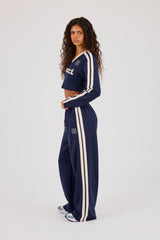 Fitted Taping Football Top & Embroidered Wide Leg Taping Pant - Navy Blue