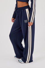 Football Embroidered Wide Leg Taping Pant - Navy Blue