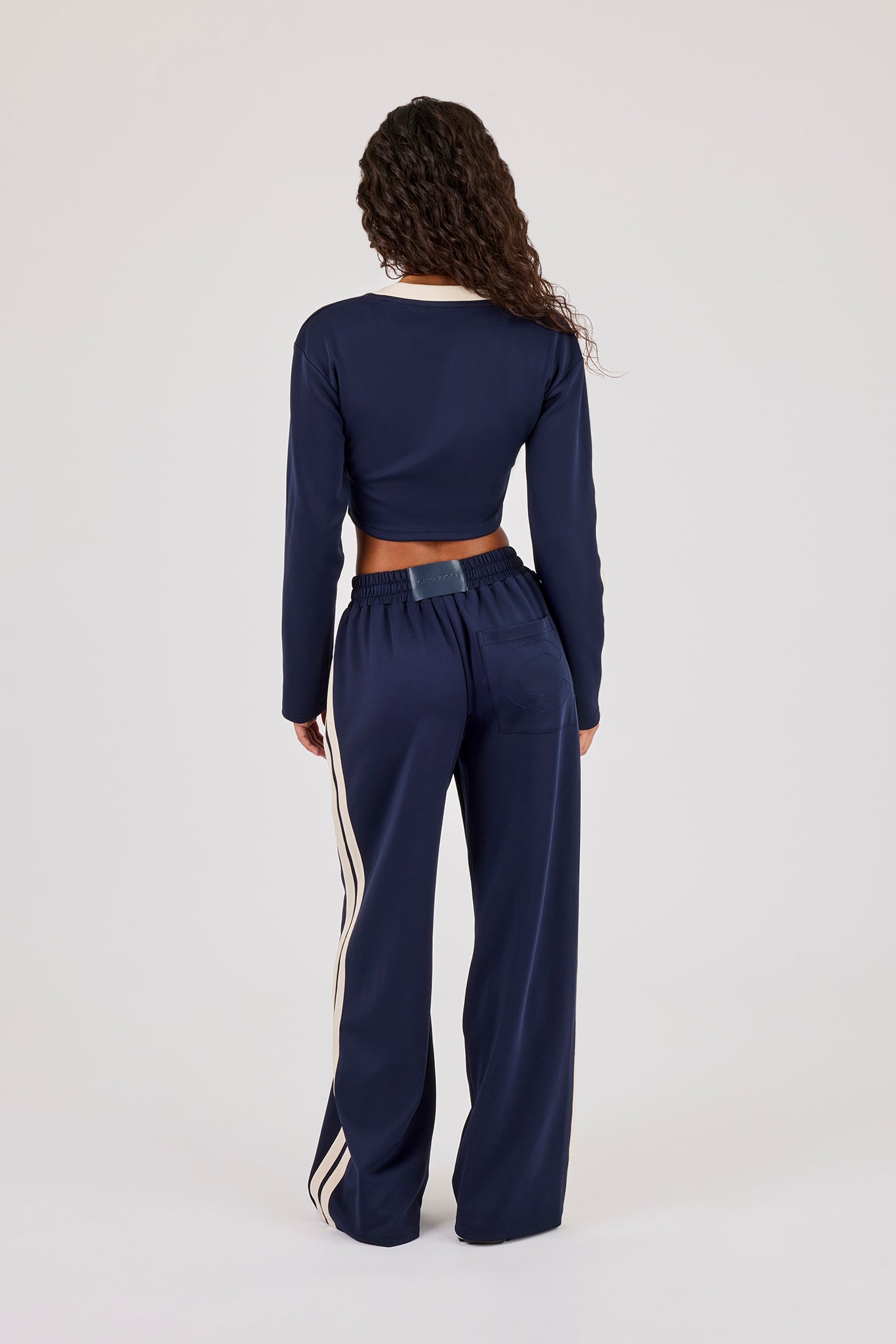 Fitted Taping Football Top & Embroidered Wide Leg Taping Pant - Navy Blue