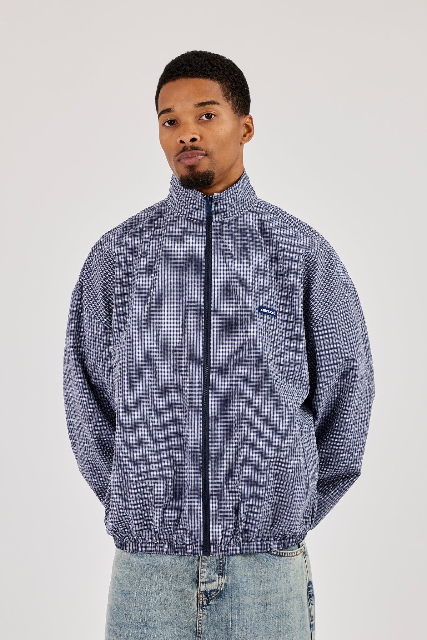 Check Funnel Neck Zip Jacket - Navy