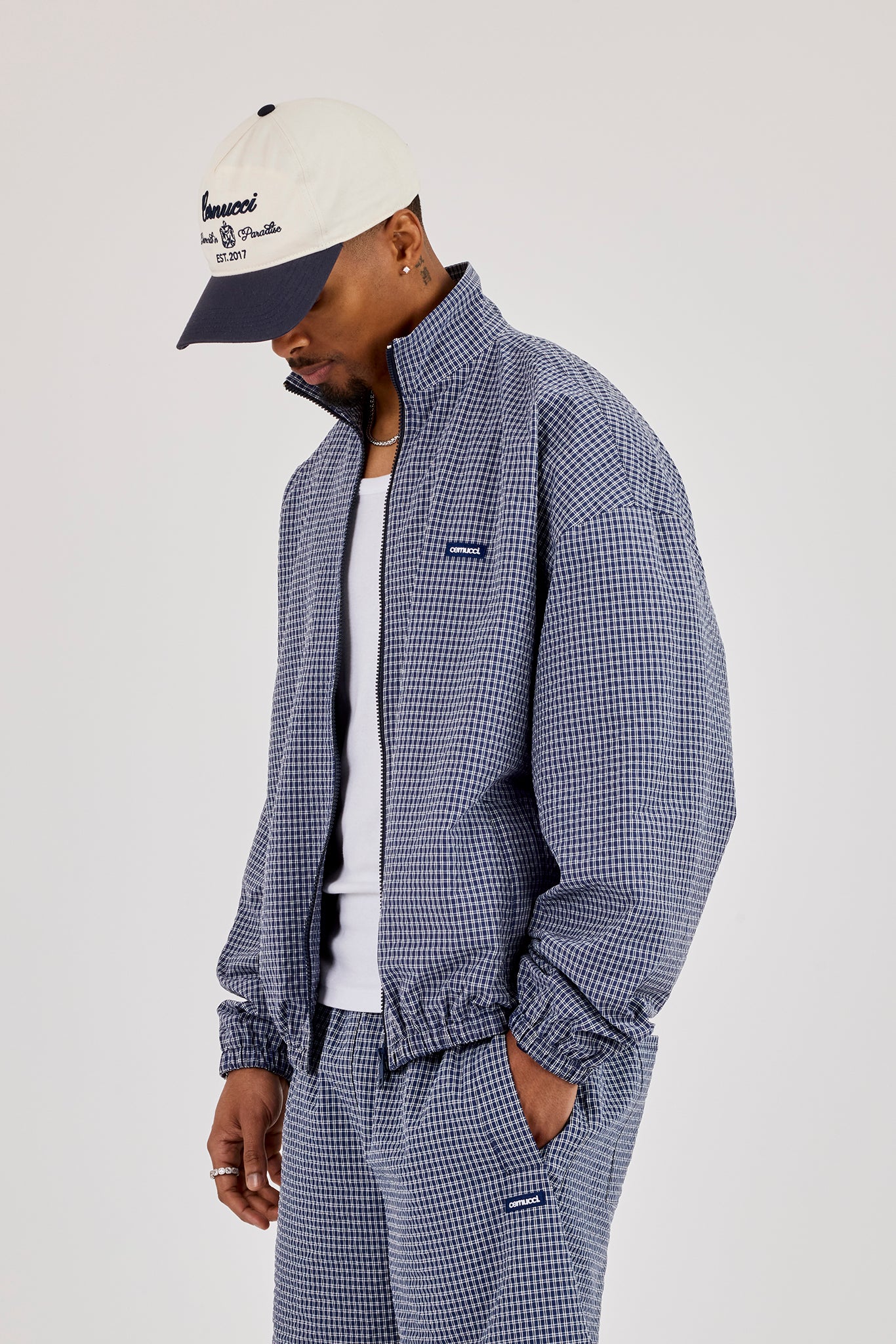 Check Funnel Neck Zip Jacket - Navy