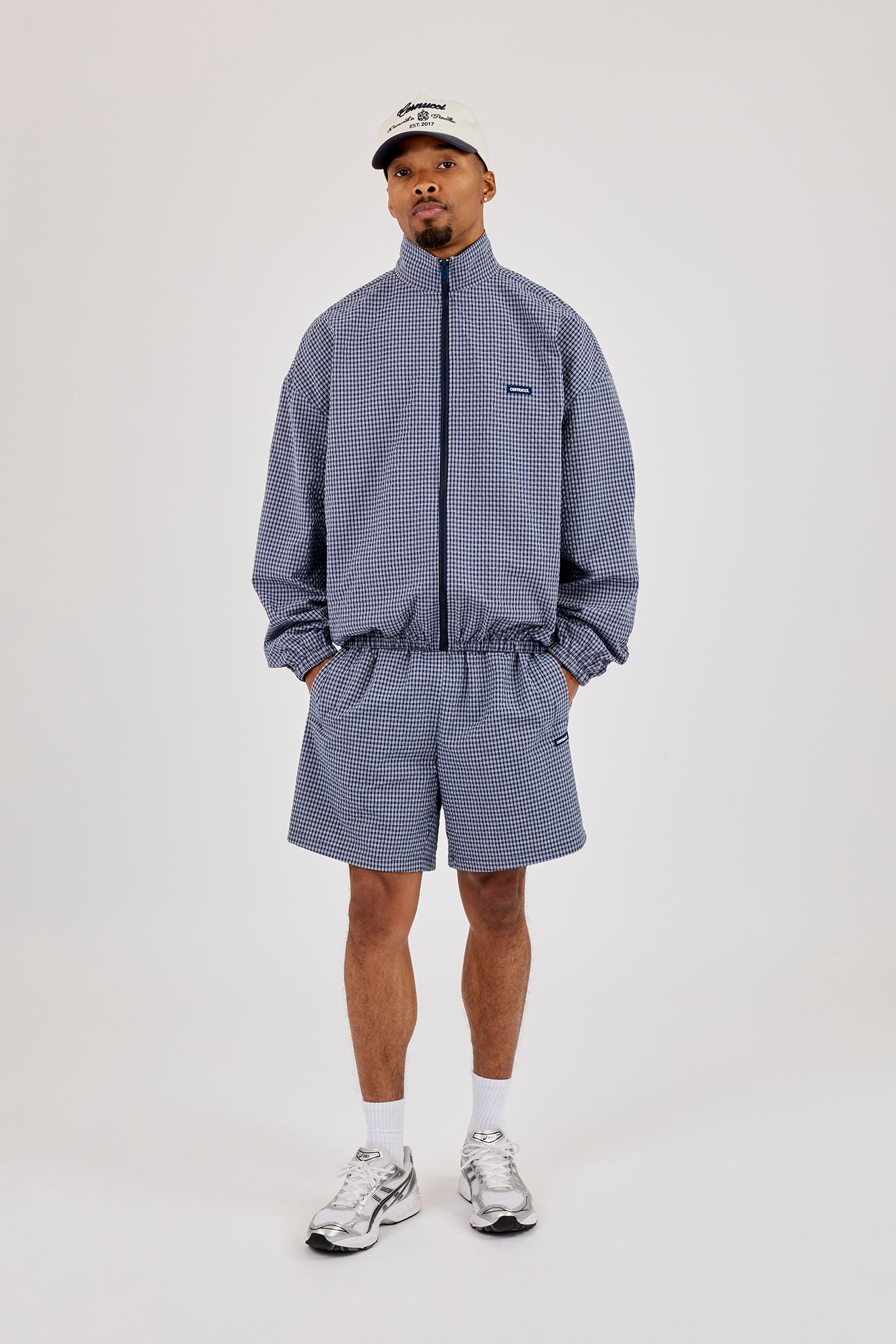 Check Funnel Neck Zip Jacket - Navy