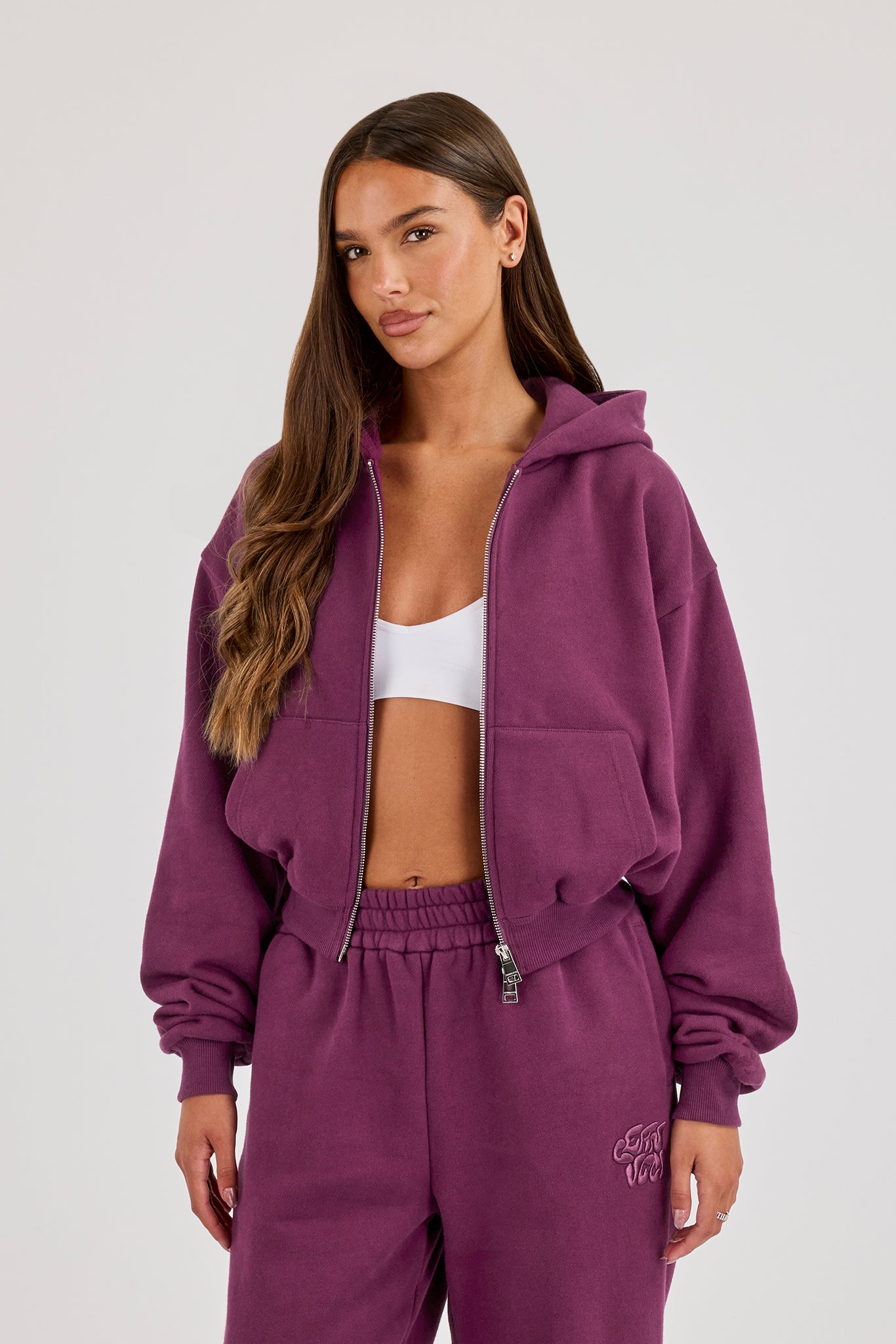 Chain Stitch Cropped Zip Through Hoodie - Cosmic Purple
