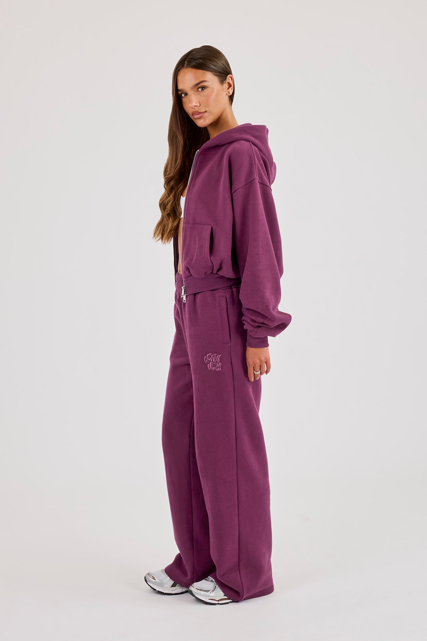 Chain Stitch Cropped Zip Through Hoodie & Wide Leg Jogger - Cosmic Purple