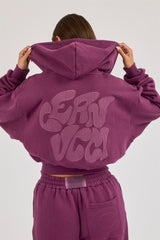 Chain Stitch Cropped Zip Through Hoodie - Cosmic Purple