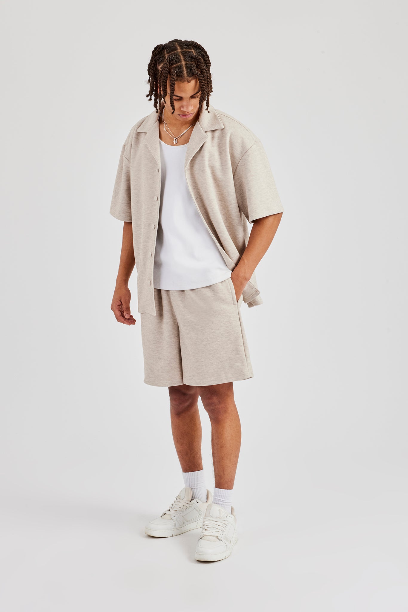 Textured Revere Collar Shirt & Short - Stone