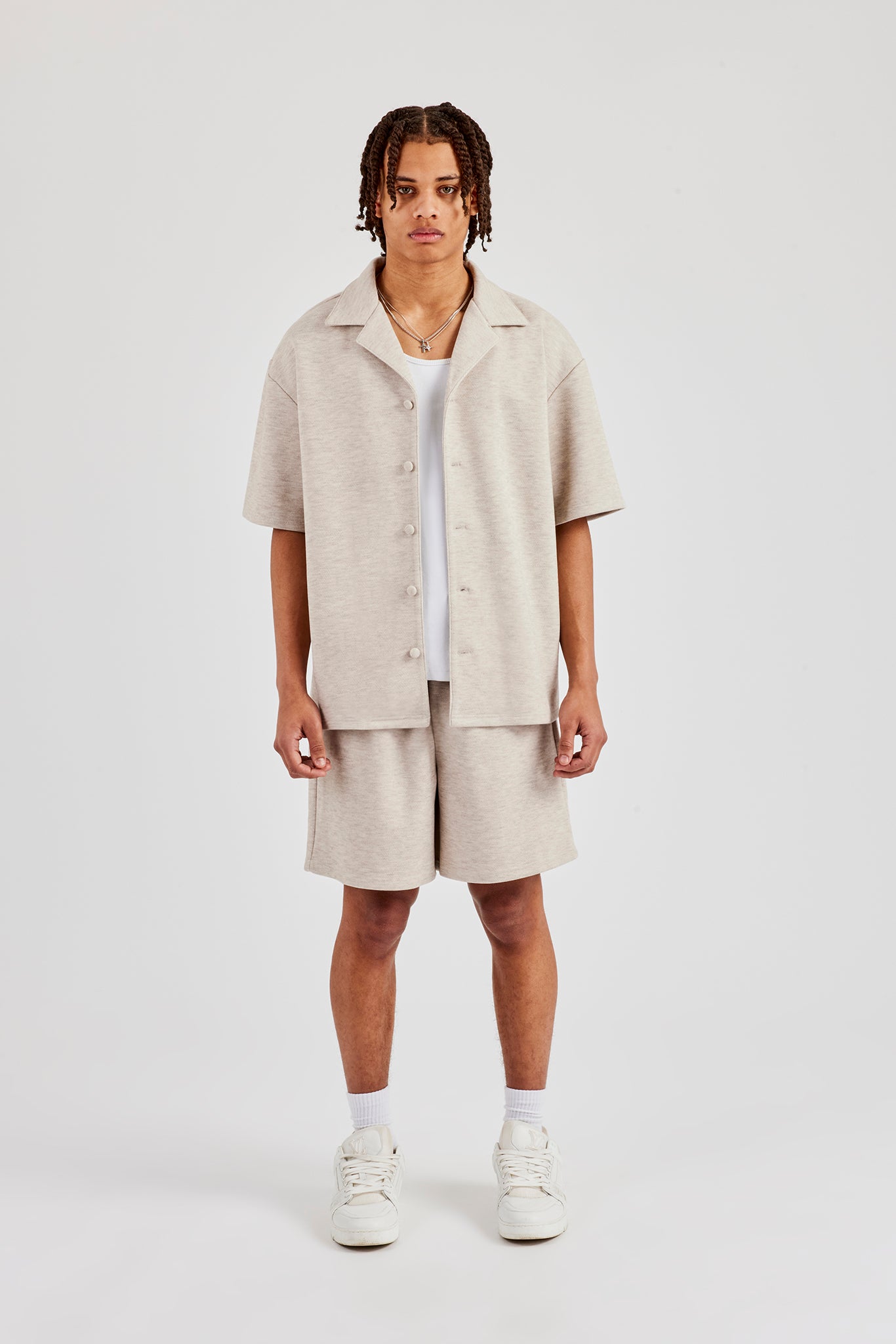 Textured Revere Collar Shirt & Short - Stone