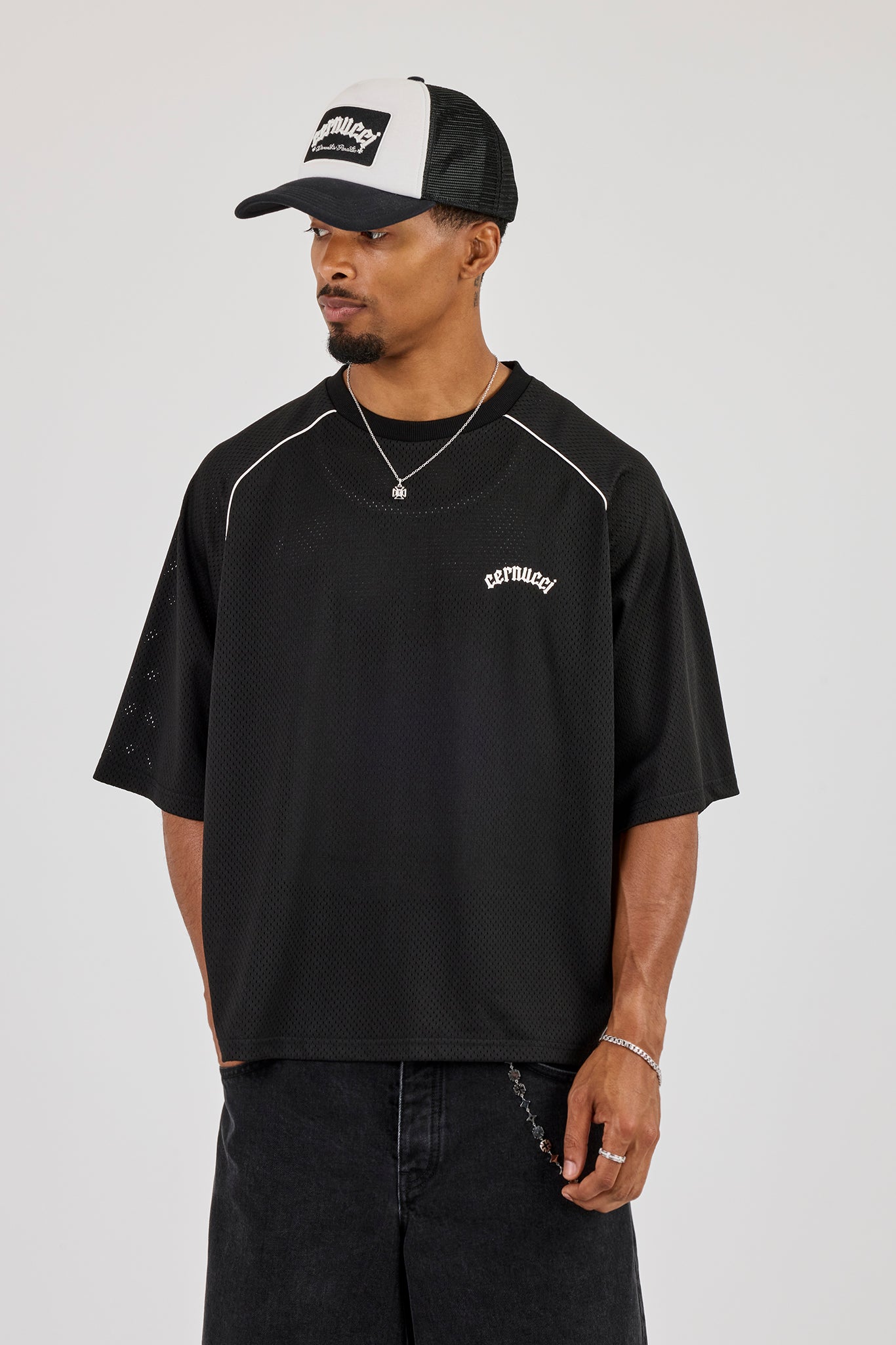 Mesh Back Print Oversized T-Shirt - Black