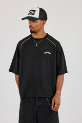 Mesh Back Print Oversized T-Shirt - Black