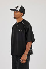 Mesh Back Print Oversized T-Shirt - Black