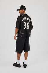 Mesh Back Print Oversized T-Shirt - Black