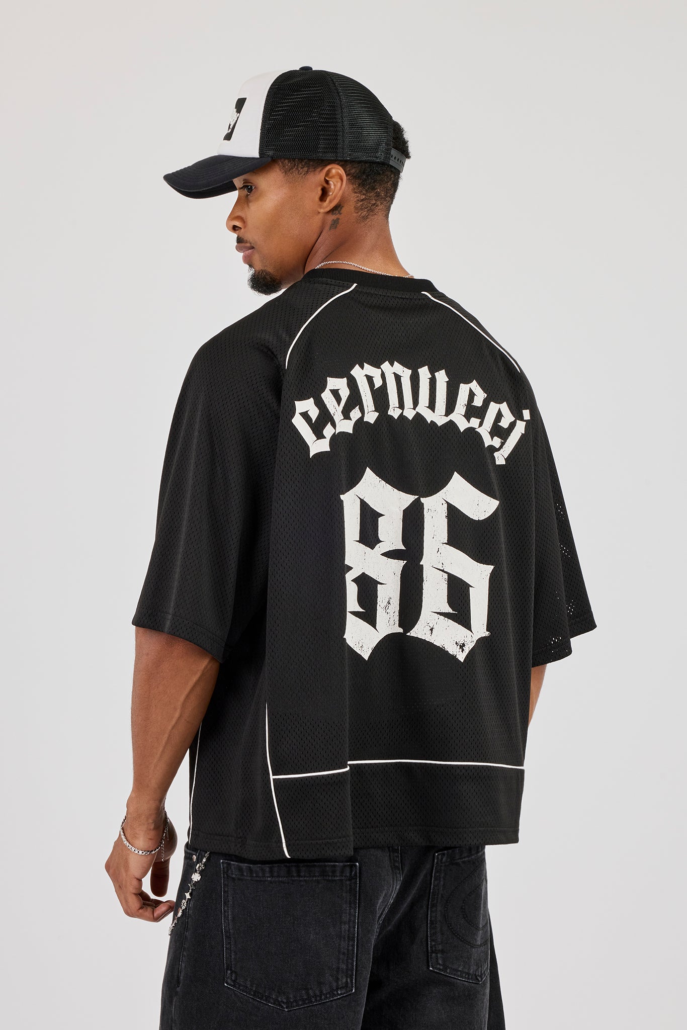 Mesh Back Print Oversized T-Shirt - Black