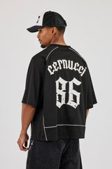 Mesh Back Print Oversized T-Shirt - Black