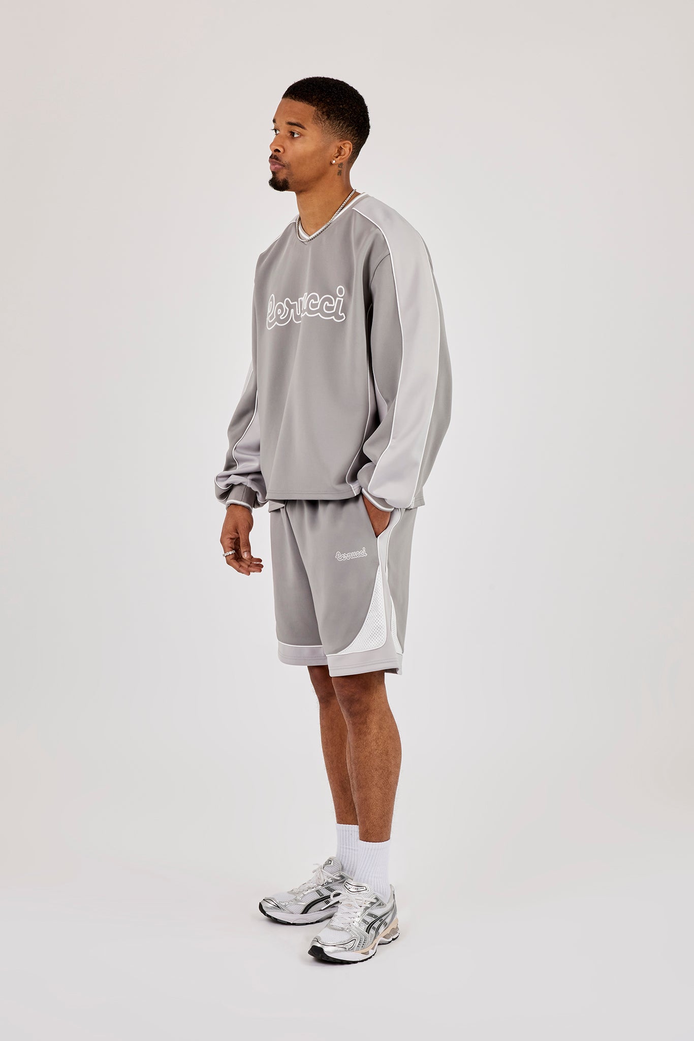 Long Sleeve V Neck Football Top & Relaxed Panelled Short - Light Grey