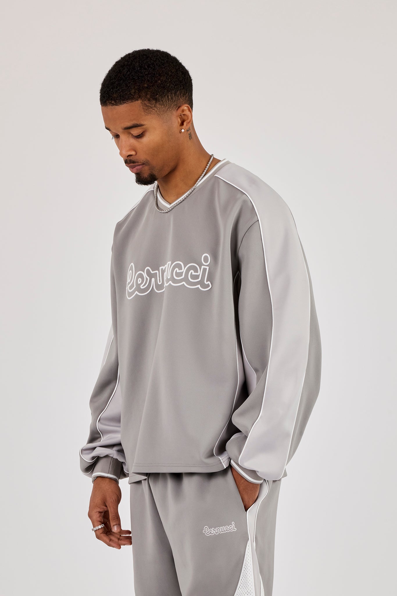 Long Sleeve V Neck Football Top - Light Grey