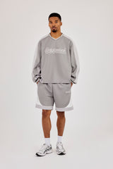 Long Sleeve V Neck Football Top & Relaxed Panelled Short - Light Grey