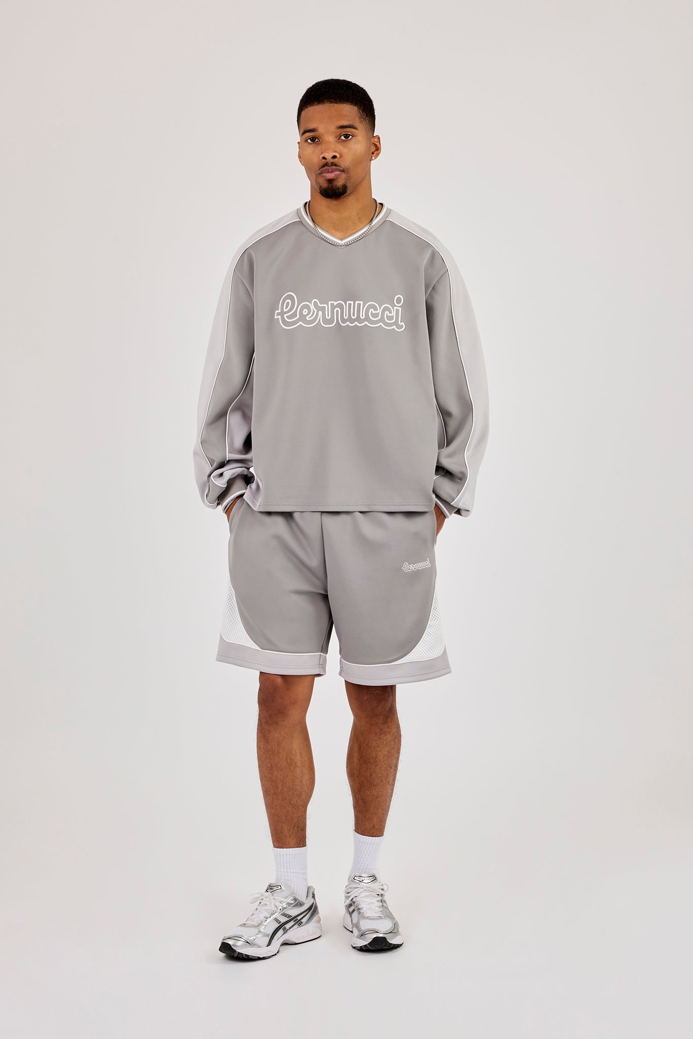 Long Sleeve V Neck Football Top - Light Grey
