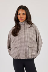 Check Nylon Funnel Neck Jacket - Beige