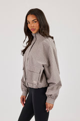Check Nylon Funnel Neck Jacket - Beige