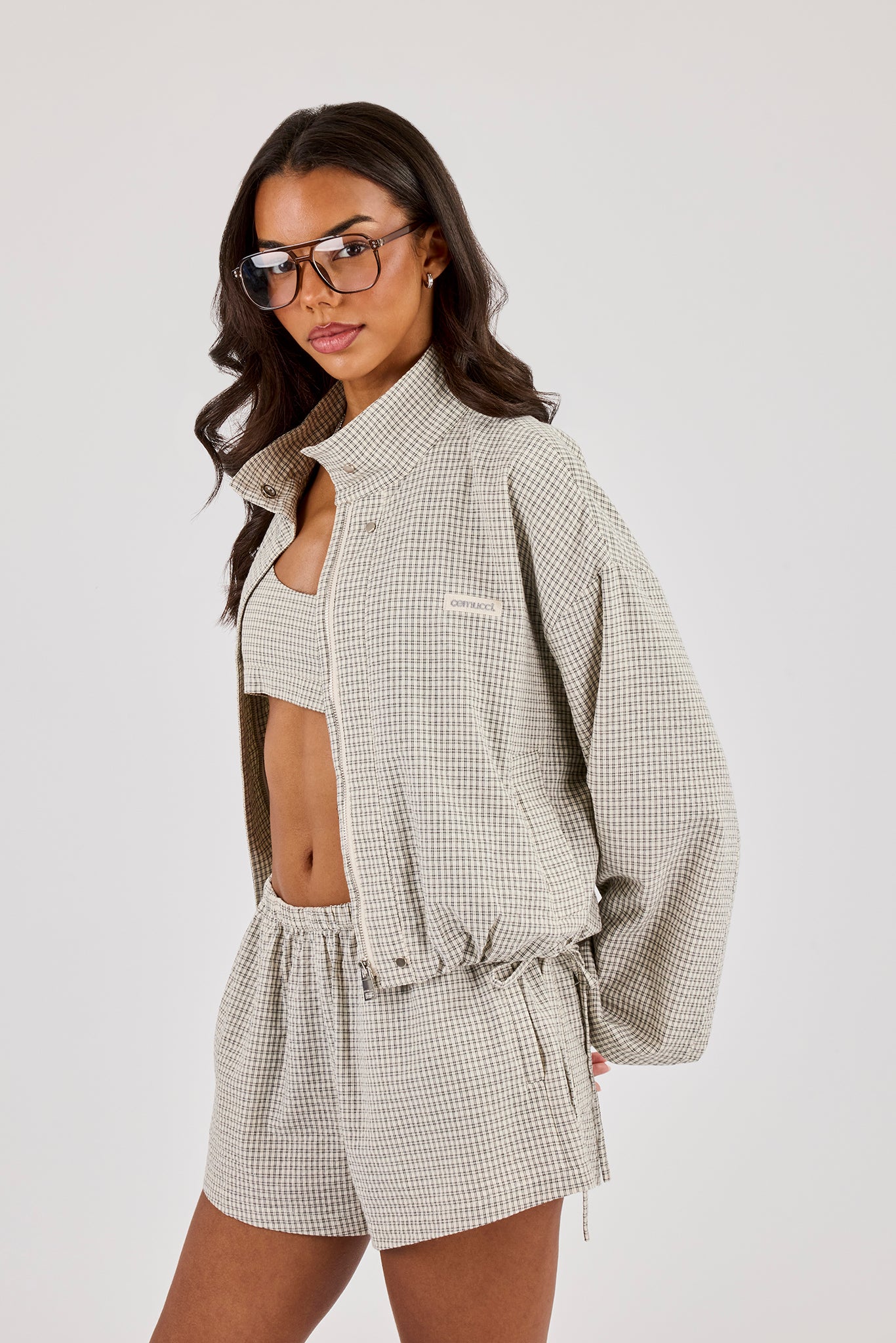 Check Twill Funnel Neck Jacket - Off White | Womens Outerwear