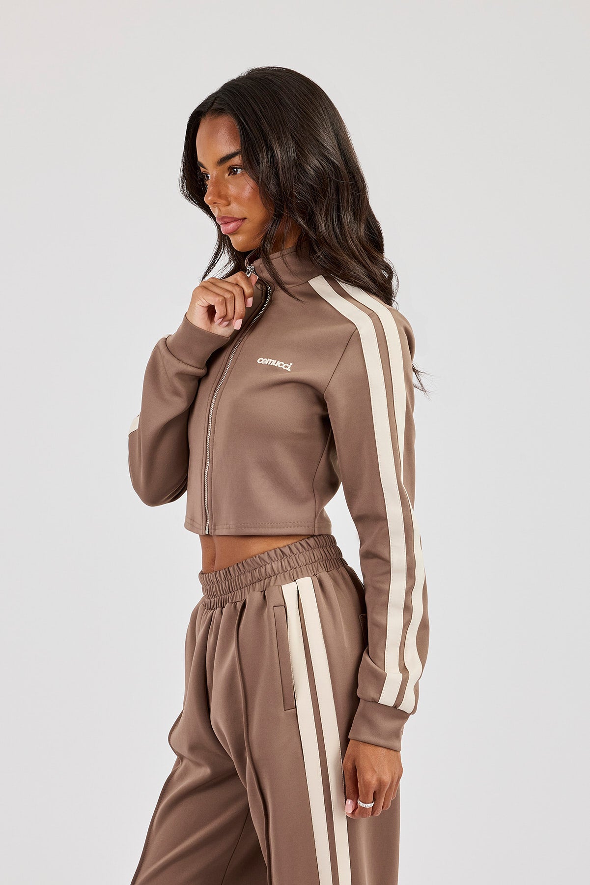 Fitted Taping Track Top - Taupe