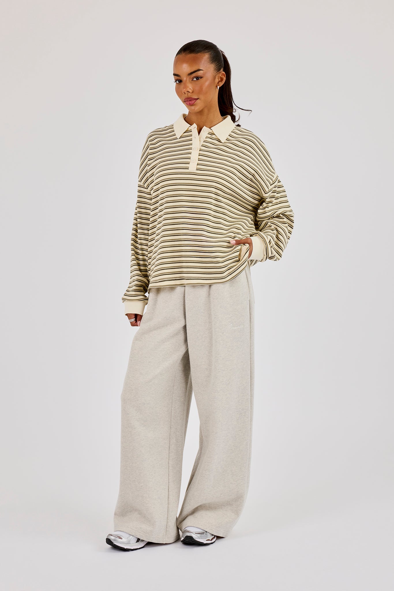 Oversized Polo-Top mit strukturierten Streifen – Khaki