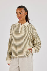 Oversized Polo-Top mit strukturierten Streifen – Khaki