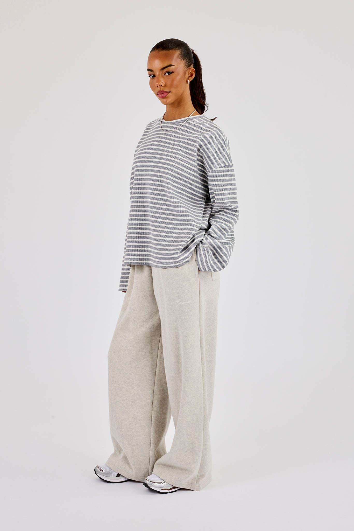 Waffle Stripe Long Sleeve T-Shirt - Grey | Womens Tees & Vests