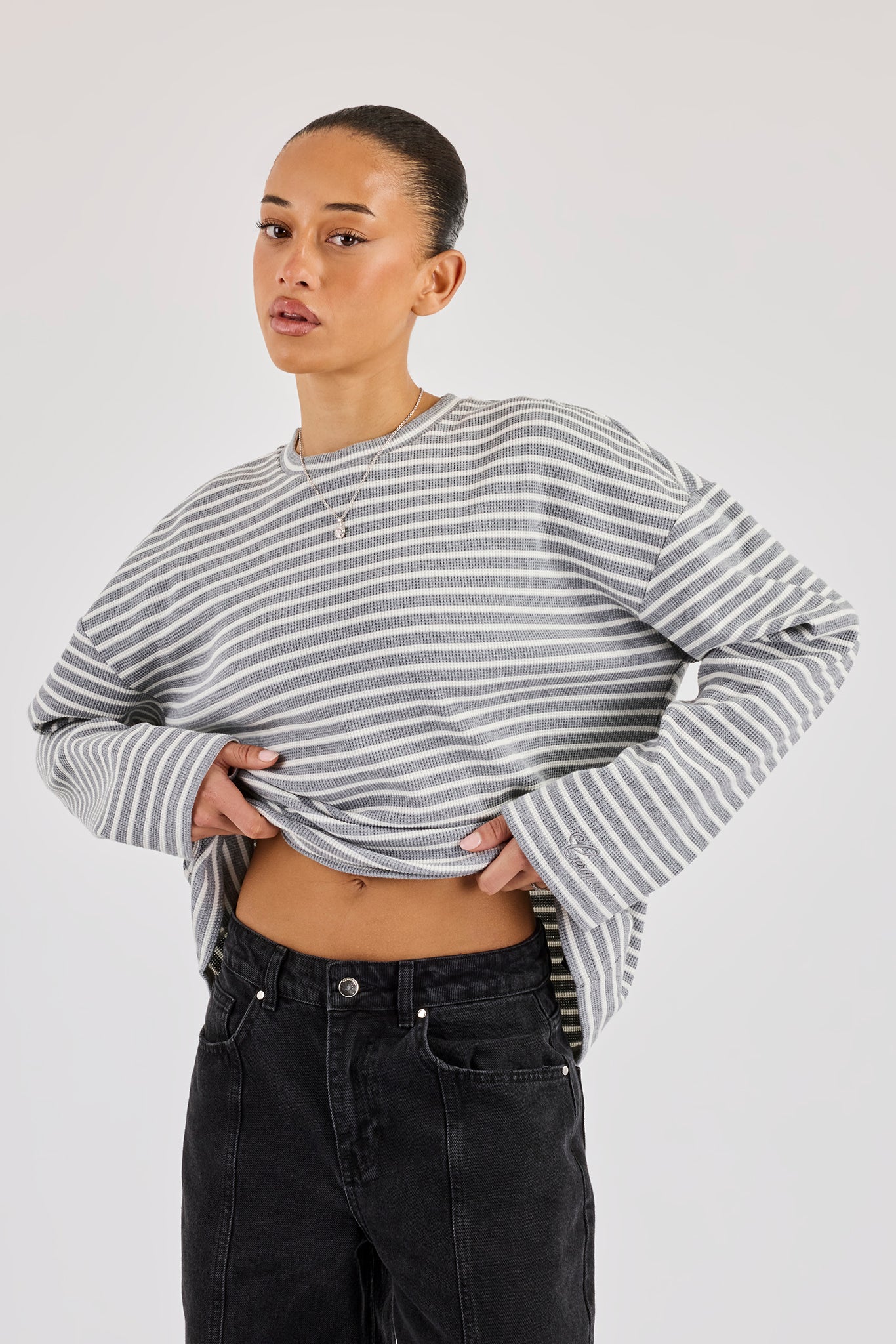 Waffle Stripe Long Sleeve T-Shirt - Grey