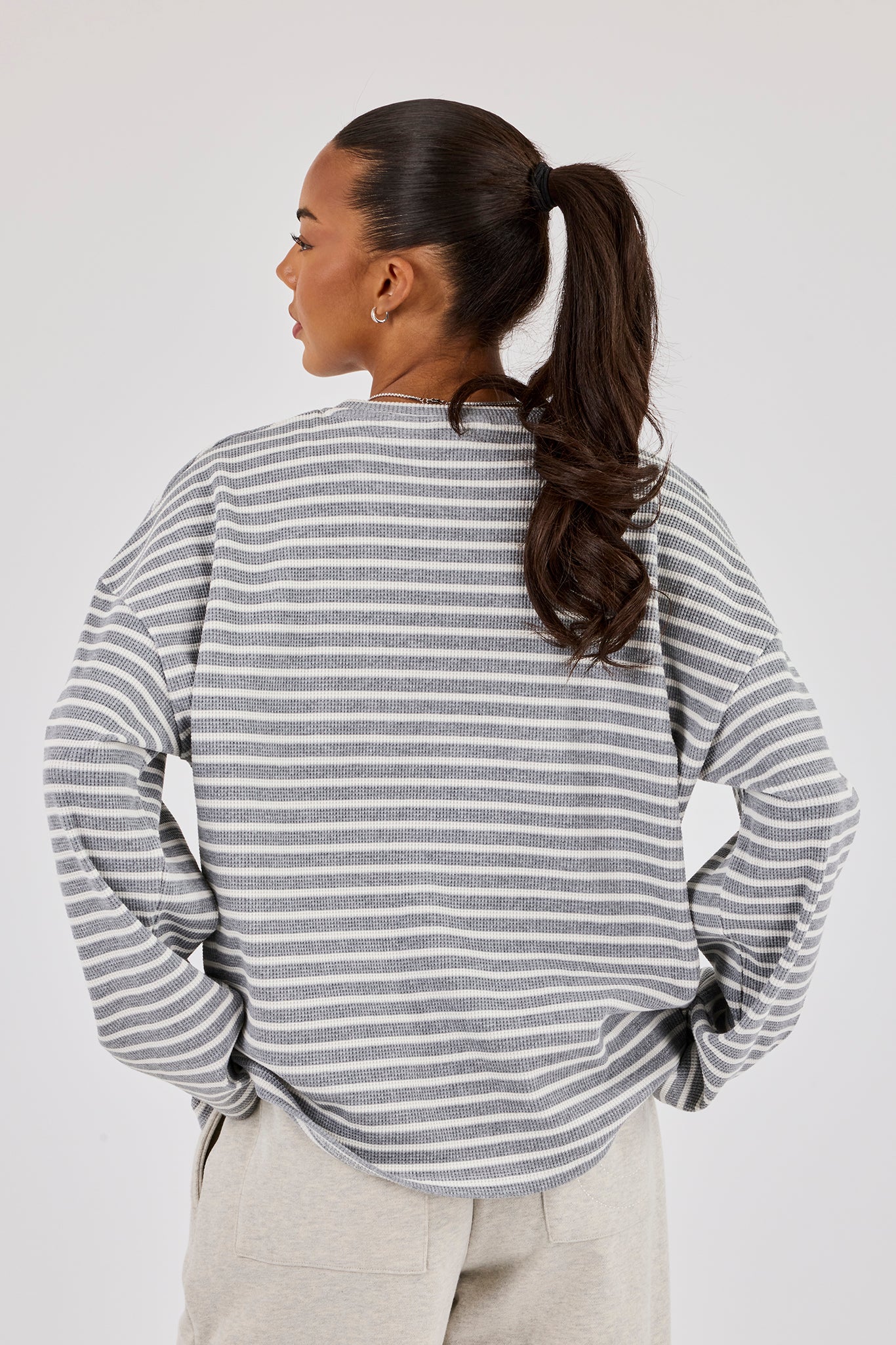 Waffle Stripe Long Sleeve T-Shirt - Grey | Womens Tees & Vests