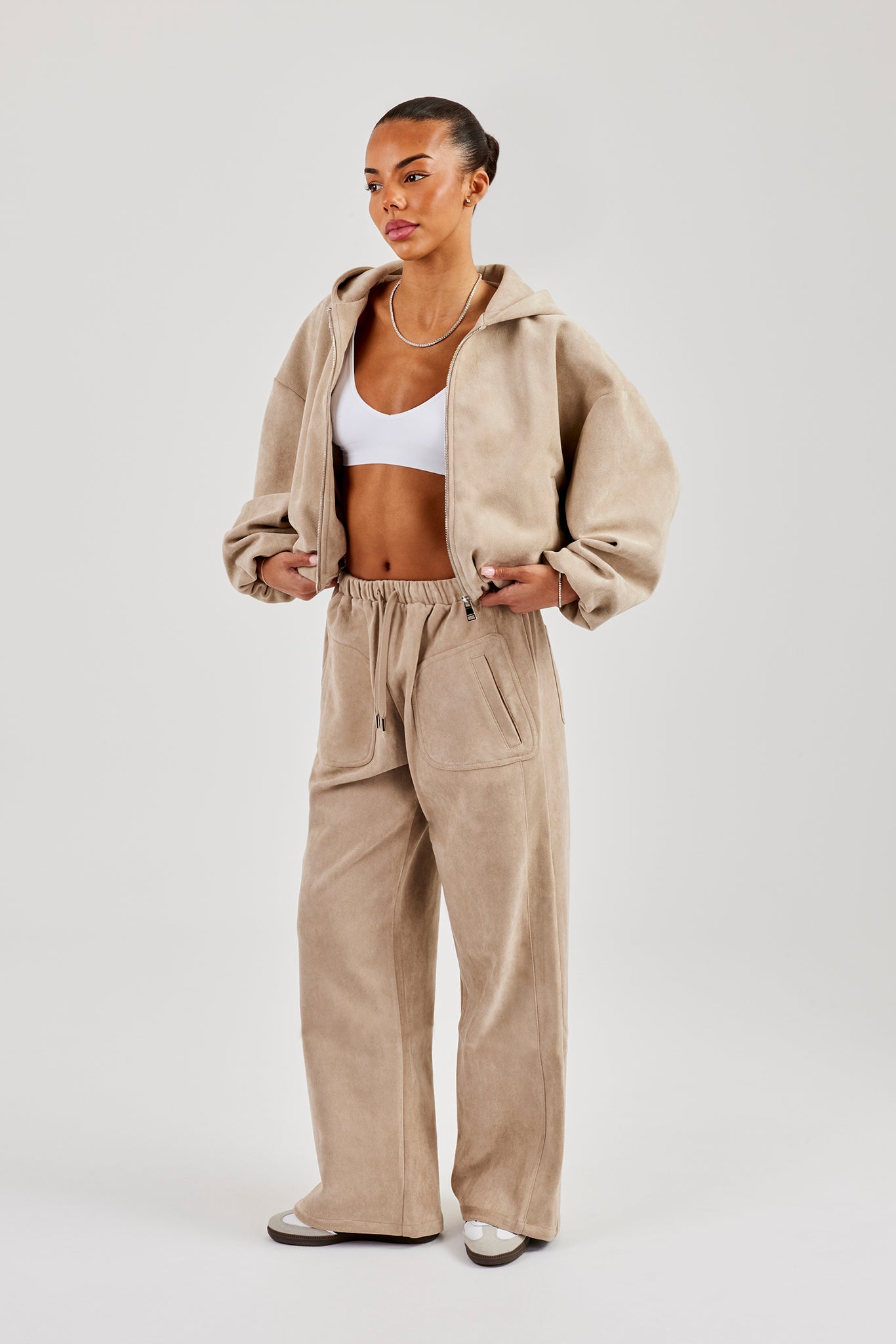 Suede Hooded Jacket and Trouser - Beige