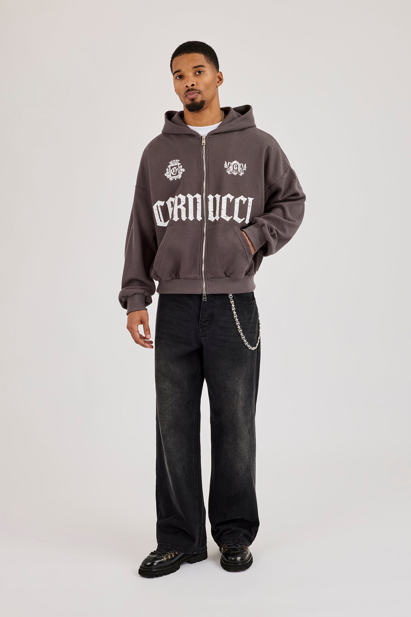 Waffle Logo Print Zip Hoodie - Charcoal