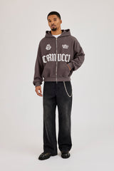 Waffle Logo Print Zip Hoodie - Charcoal