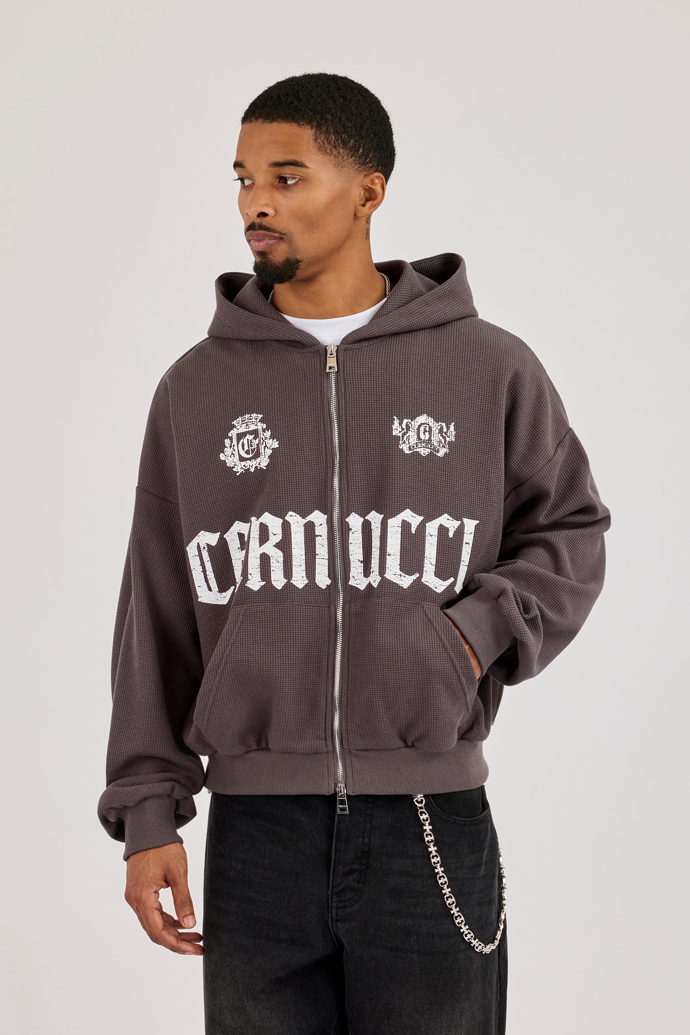 Waffle Logo Print Zip Hoodie - Charcoal